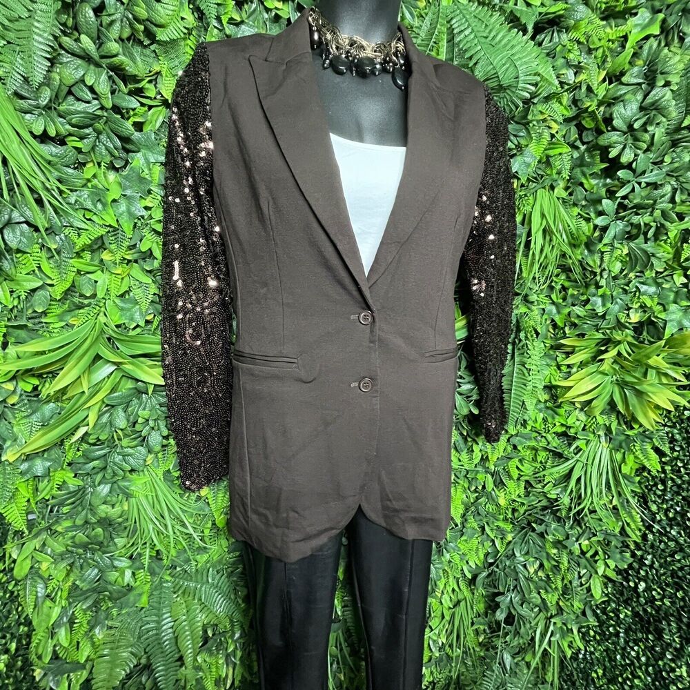 Diane Gilman Women Jacket Medium Brown Sequin Sleeve Blazer Relaxed Fit DG2 - Picture 3 of 11